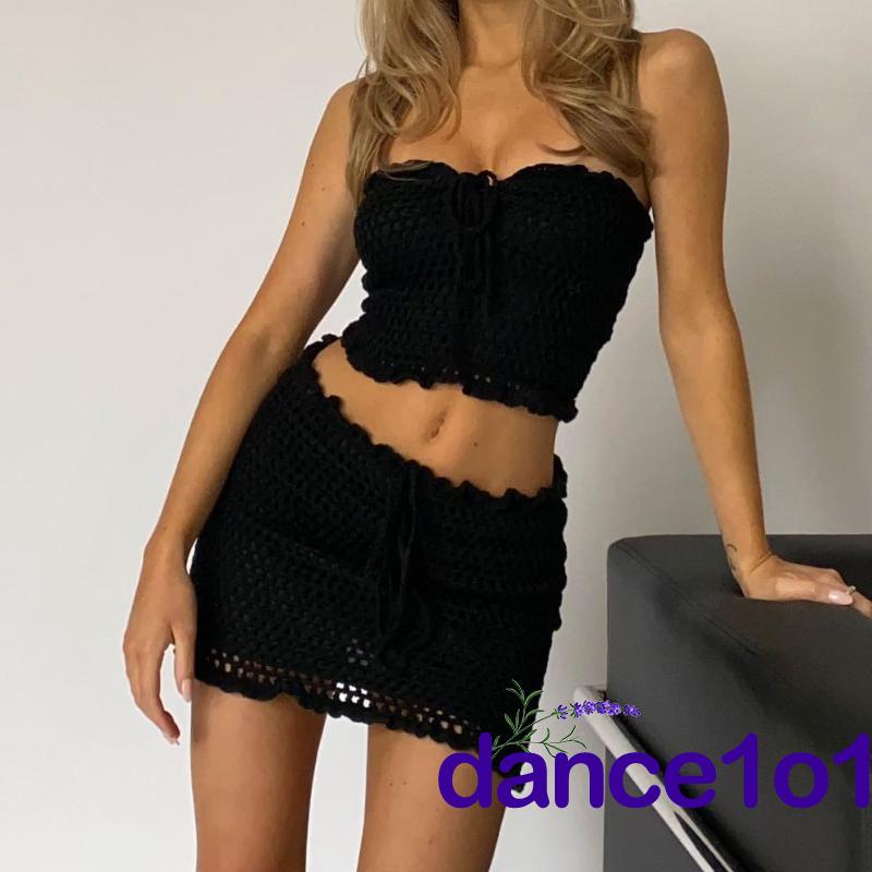 dance1o1-Women Solid Color Backless Strapless Tops+Hollow-Out Ruffled Short Skirt