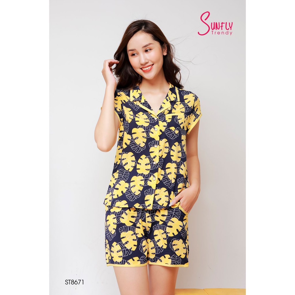 Sunfly chính hãng - Bộ đồ mặc nhà nữ chất lanh quần đùi cổ pijamas chính hãng ST8671 (Có hình thật chụp lại)