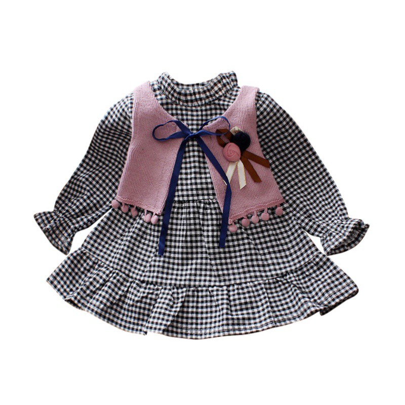 Đầm tay dài hoạ tiết sọc ca rô kèm áo khoác không tay cho bé gái