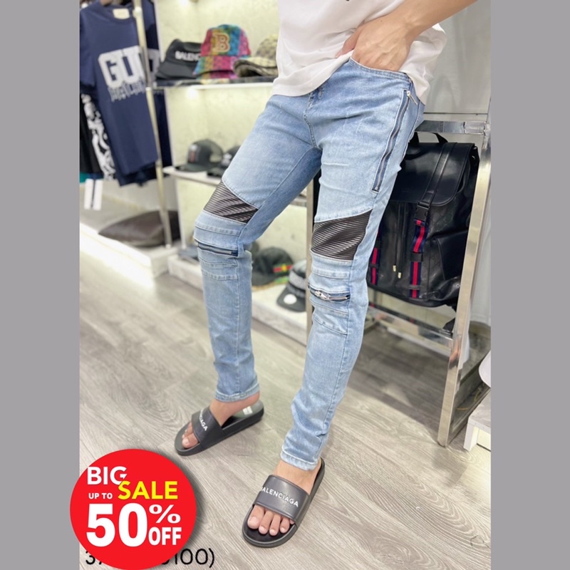 Quần jean vá da nhăn đen miken,Quần bò miken vá da phối khoá zip ngang dọc