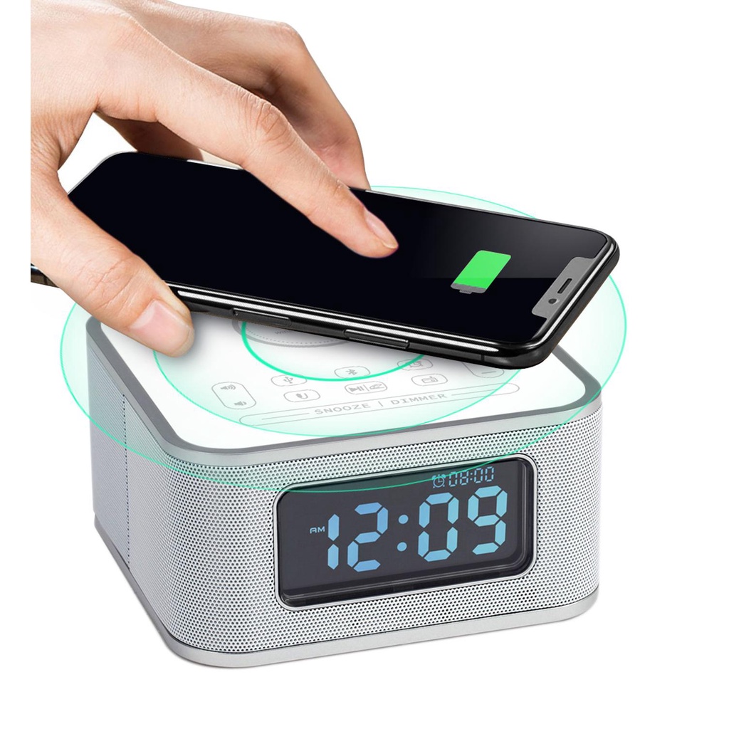 Loa Bluetooth kết hợp đồng hồ báo thức và sạc không dây D2QI