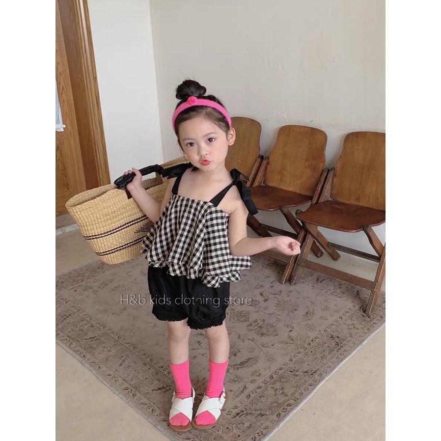 Bộ bé gái 2 dây caro  bánh bèo mùa hè cho bé từ 0-6 tuổi