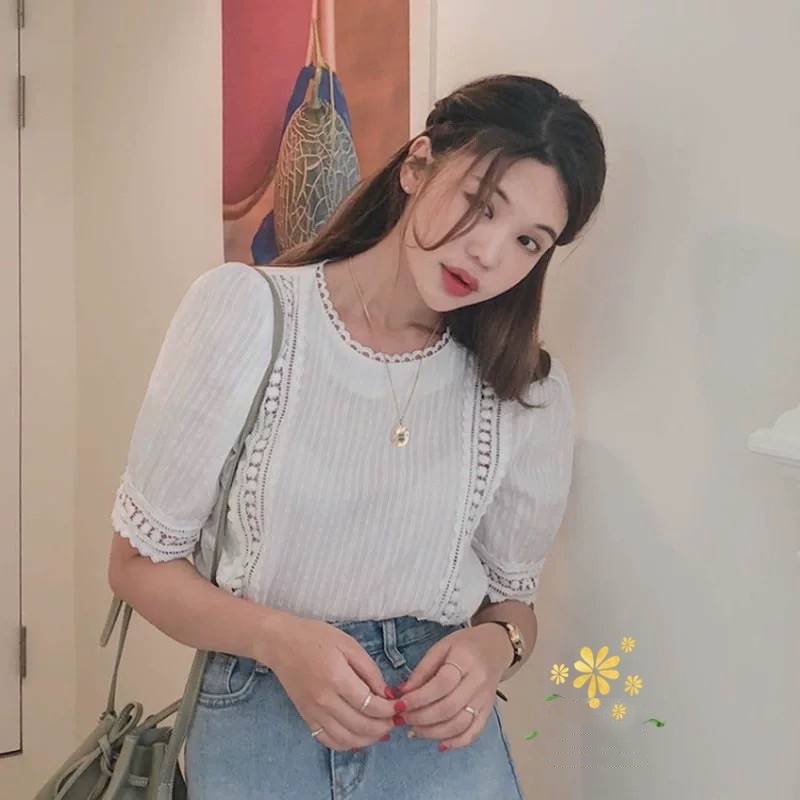 Áo sơ mi ren hạt tay ngắn , Áo trắng kiểu cách điệu thiết kế ulzzang (ảnh thật)