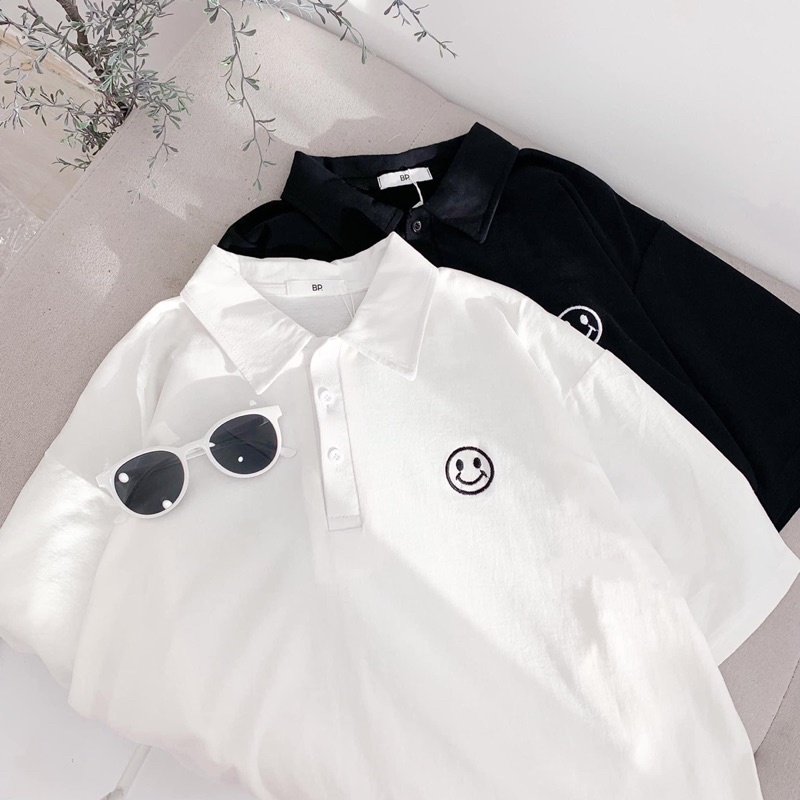 Áo thun polo cổ bẻ thêu mặt cười dáng suông nam nữ | BigBuy360 - bigbuy360.vn