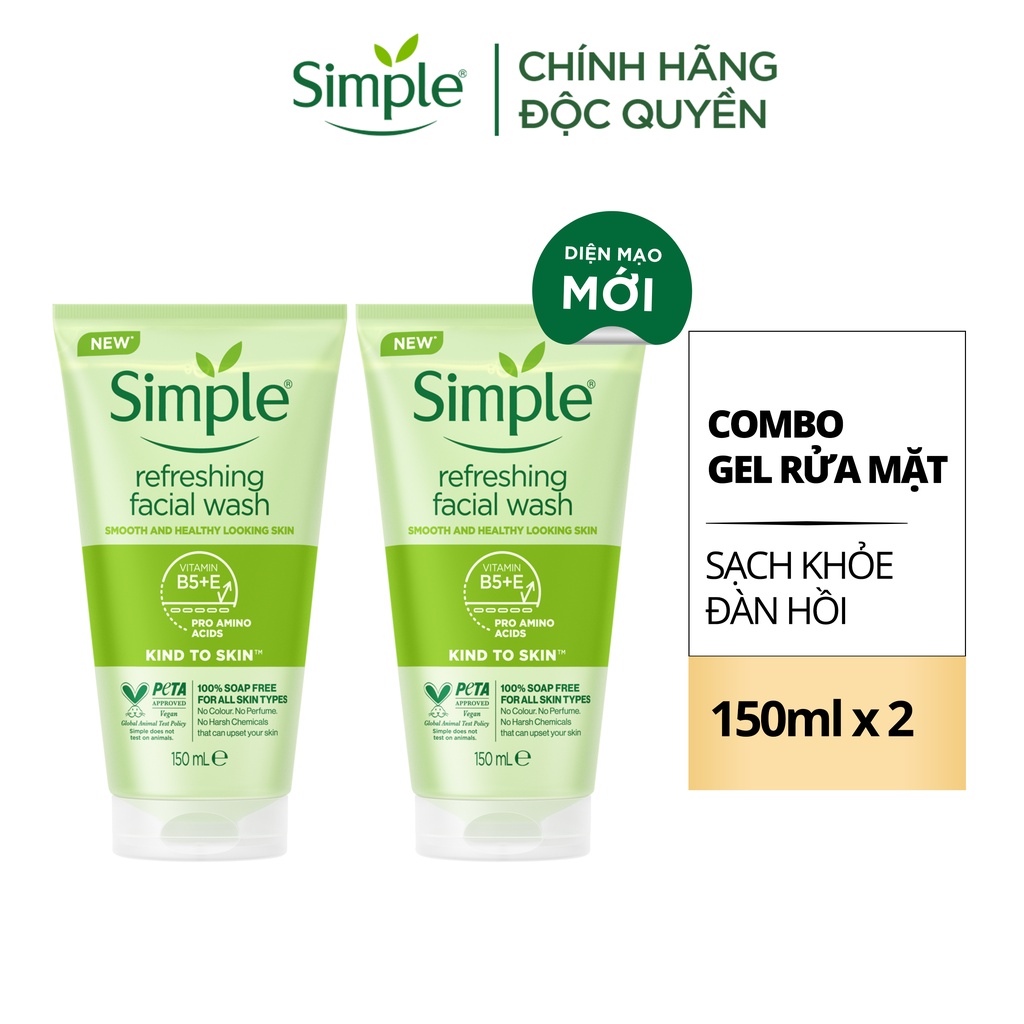 Combo 2 Sữa rửa mặt Simple lành tính sạch thoáng - cho da nhạy cảm 150ml/chai [CHÍNH HÃNG ĐỘC QUYỀN] [DIỆN MẠO MỚI]