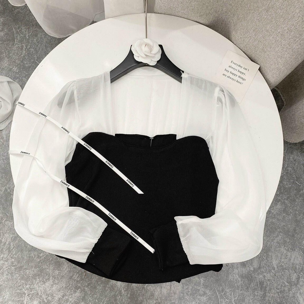 Áo Kiểu Thun Gân Tay Dài Phối Voan Có Mút