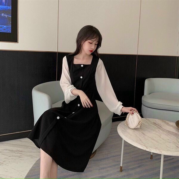 Đầm umi phối lưới cổ vuông, đầm nữ tay lưới phong cách Hàn Quốc