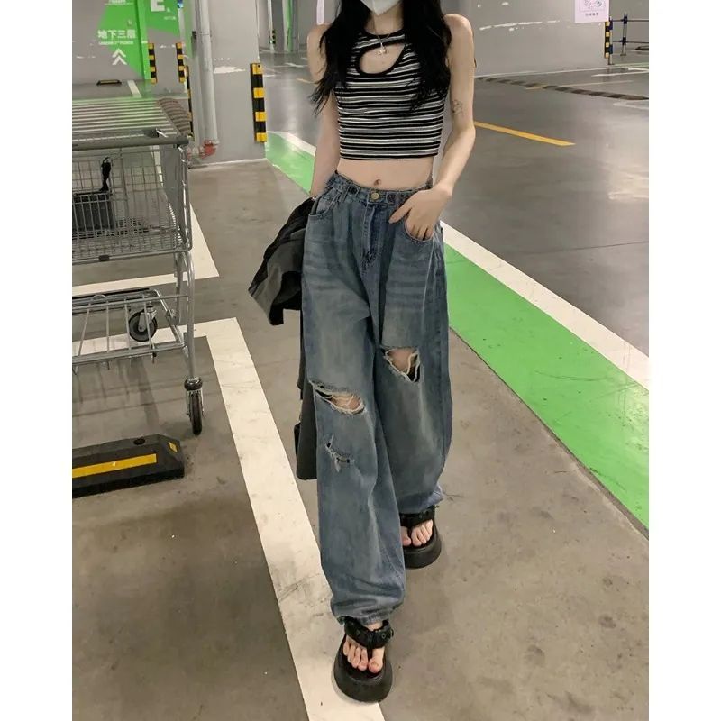 Honypove Quần Jeans Nữ Lưng Cao Ống Rộng Rách Gối Cá Tính
