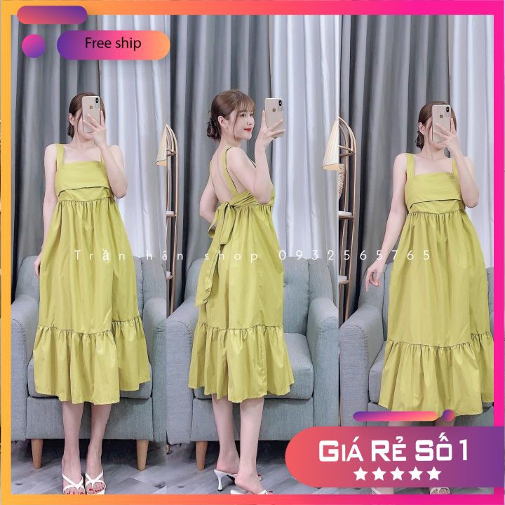 váy đầm thô hai dây bản to cúp ngực buộc nơ lưng kiểu babydoll siêu xinh💗3006190