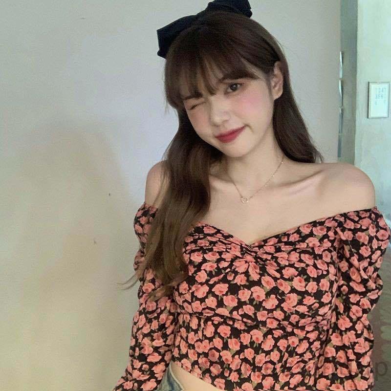 Áo kiểu trễ vai tay dài dáng ôm in họa tiết hoa thanh lịch dành cho nữ | BigBuy360 - bigbuy360.vn