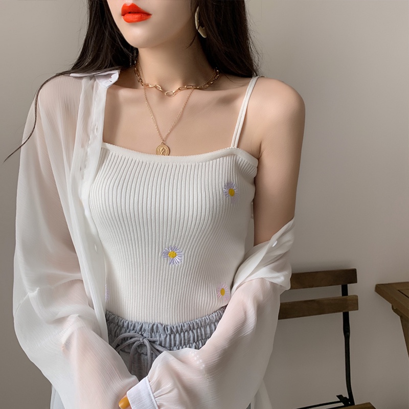 Áo hai dây ZHELIHANGFEI vải dệt kim thêu họa tiết hoa cúc xinh xắn