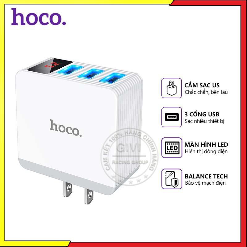 Cóc sạc nhanh 3 cổng USB 3.4A Hoco DC03 Pro Max, màn hình led, tương thích nhiều thiết bị