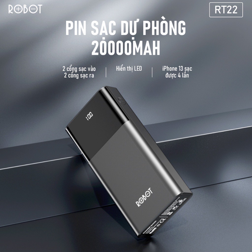 Pin Sạc Dự Phòng ROBOT RT22 LED 20000mAh , 2 Input Micro/Type C & 2 Output USB