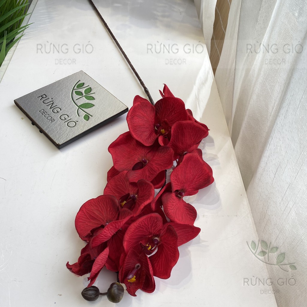 1 Cành Hoa Lan Hồ Điệp MÀU ĐỎ 10 bông to, dài 92cm, hoa lụa decor cao cấp, không kèm lọ