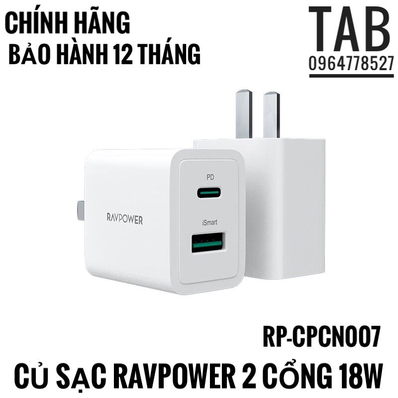 [Mã 2404EL10K giảm 10K đơn 20K] Sạc RavPower 2 Cổng 18w Usb C + PD - Chính Hãng (Bảo Hành 12T)