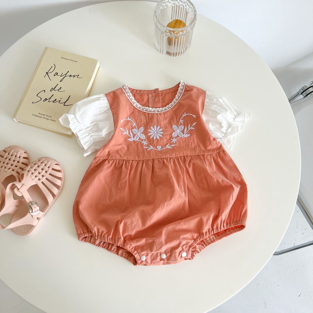 Áo Liền Quần Tay Phồng Cổ Tròn Thêu Ren Màu Sắc Tương Phản Thời Trang Mùa Hè Xinh Xắn Cho Bé Gái