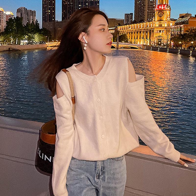 Áo cardigan dệt kim tay dài dáng rộng cổ tròn hở vai cài nút thời trang dành cho nữ