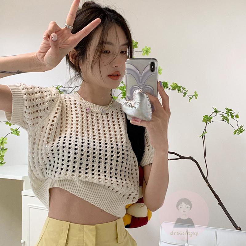 Áo Thun Dệt Kim Tay Ngắn Cổ Tròn Màu Trơn Thời Trang Dành Cho Nữ