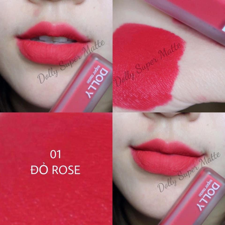 Son kem lì <màu Đỏ rose> Dolly super matte, son kem lì không chì bền màu lâu trôi