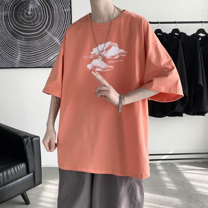 เสื้อยืด✈100 cotton tinh khiết áo thun nam phong cách Hồng Kông ngắn tay rộng xu hướng hoang dã trong mùa hè quần nửa từ