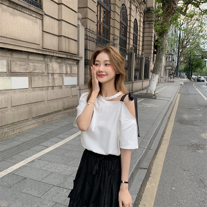 Áo Thun Tay Ngắn Hở Vai Thắt Nơ Phong Cách Hàn Quốc Dành Cho Nữ