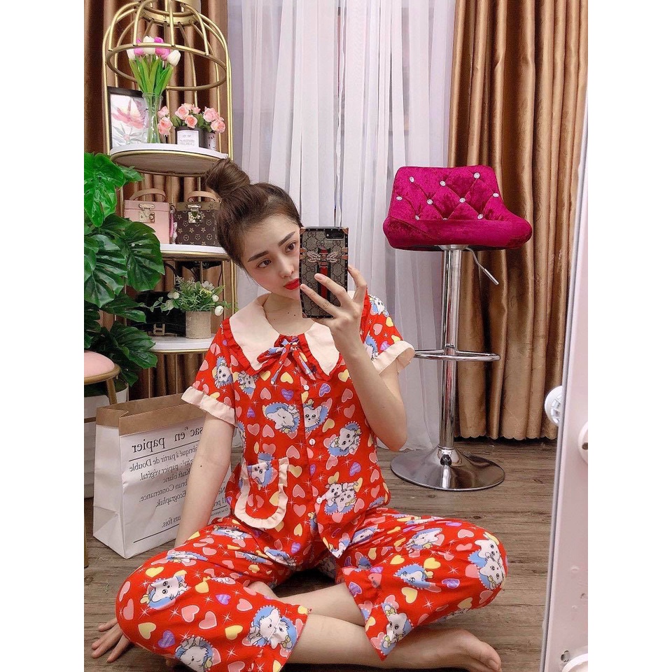 Bộ mặc nhà tiểu thư cho nữ, vải Lụa Hàn họa tiết siêu xinh, không nhăn mặc dễ thương