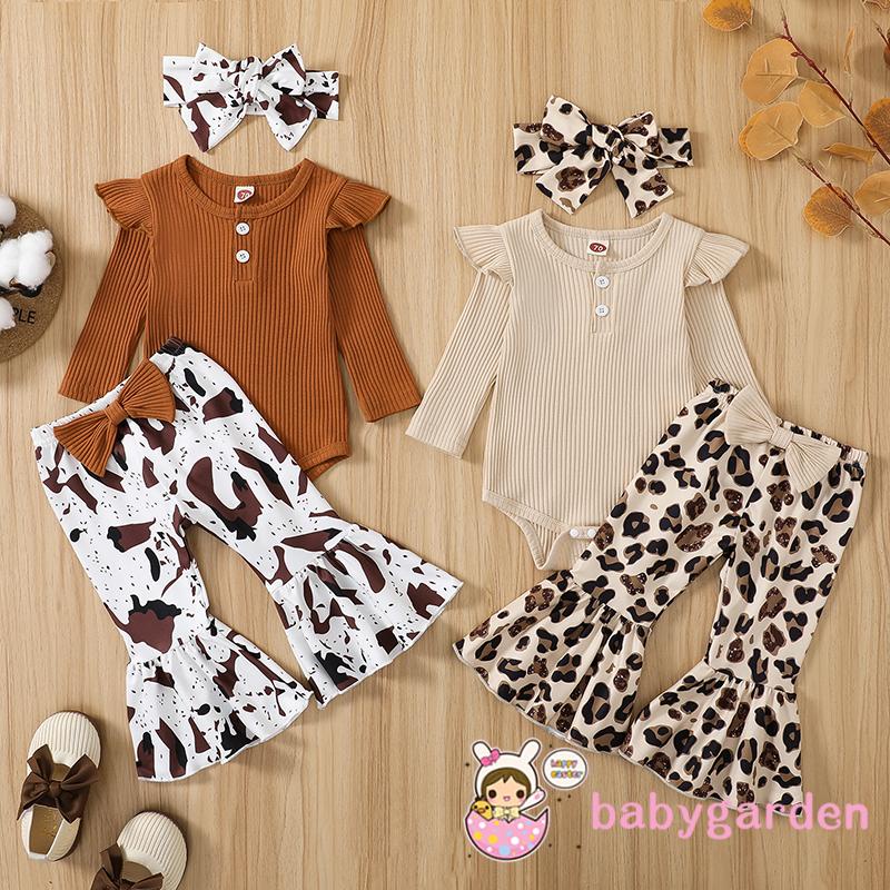 Bộ Áo Liền Quần Cổ Tròn Tay Cánh Tiên Màu Trơn + Quần Ống Loe Họa Tiết Da Báo / Bò Dành Cho Bé Gái 0-12 Tháng Tuổi