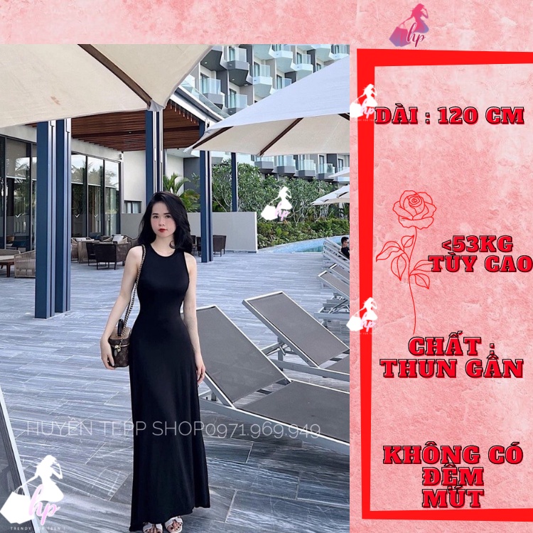 Đầm ba lỗ maxi dài, váy qua gối sang chảnh tôn dáng thun gân màu đen kiểu hàn quốc VD276