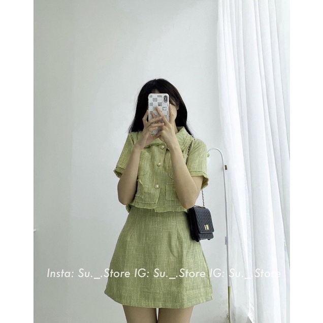 Set Áo Dạ Tweed Mix Chân Váy Phong Cách Hàn Quốc Siêu Xinh Hai Màu Xanh Bơ Trắng Freesize-Changstore