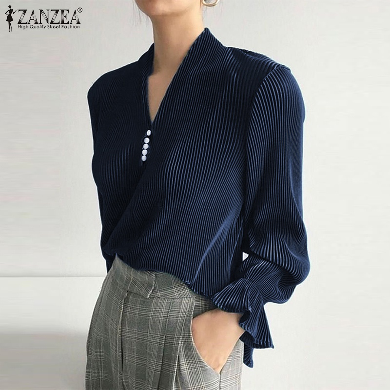 Áo kiểu ZANZEA dài tay cài nút trước xếp nếp thời trang cho nữ