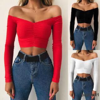 ❀_❀Áo Croptop Trễ Vai Tay Dài Dáng Ôm Gợi Cảm Cho Bạn Gái