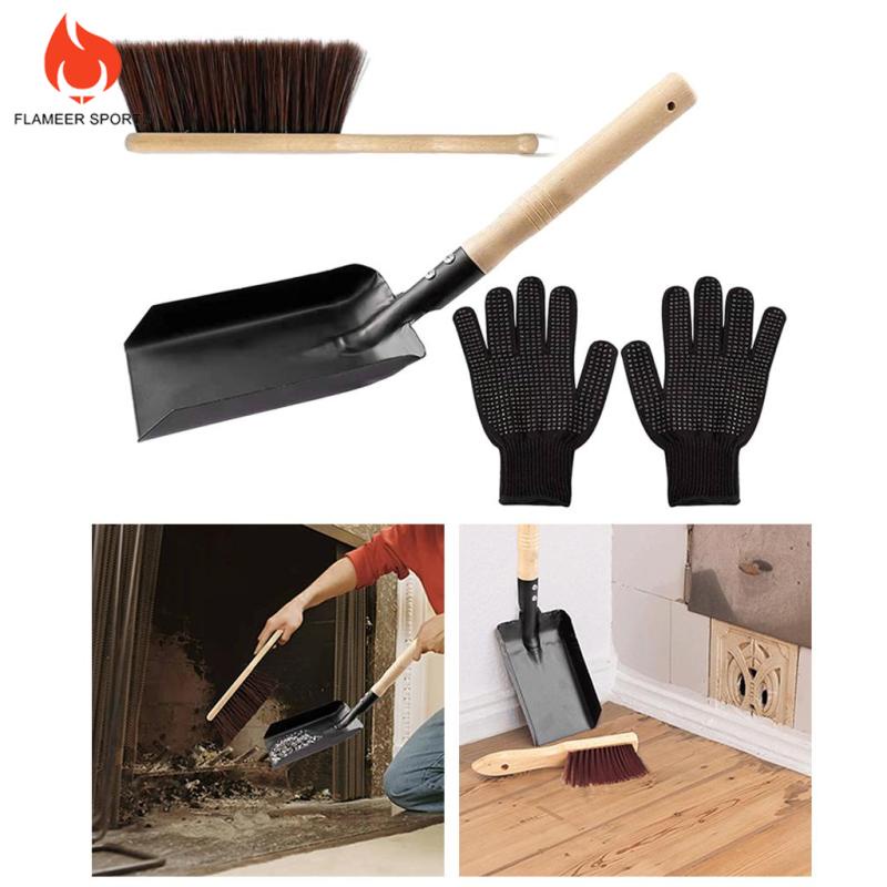 Set xẻng xúc than lò sưởi + bàn chải + găng tay dùng chữa cháy hốt bụi