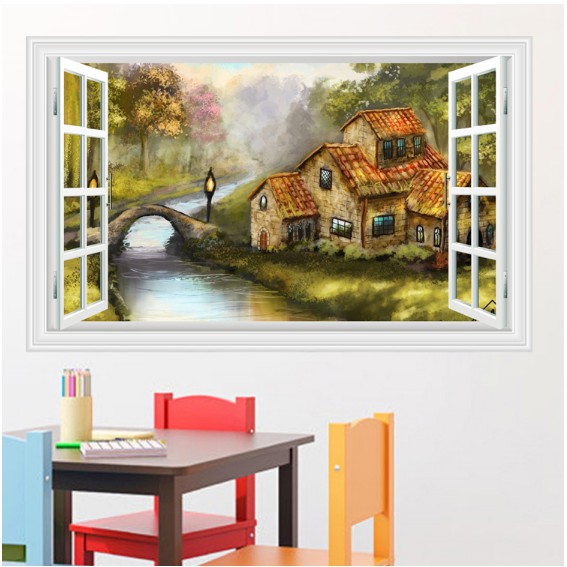 Decal trang trí khung cửa sổ 3D cảnh Nhà Cổ cạnh dòng Sông yên bình