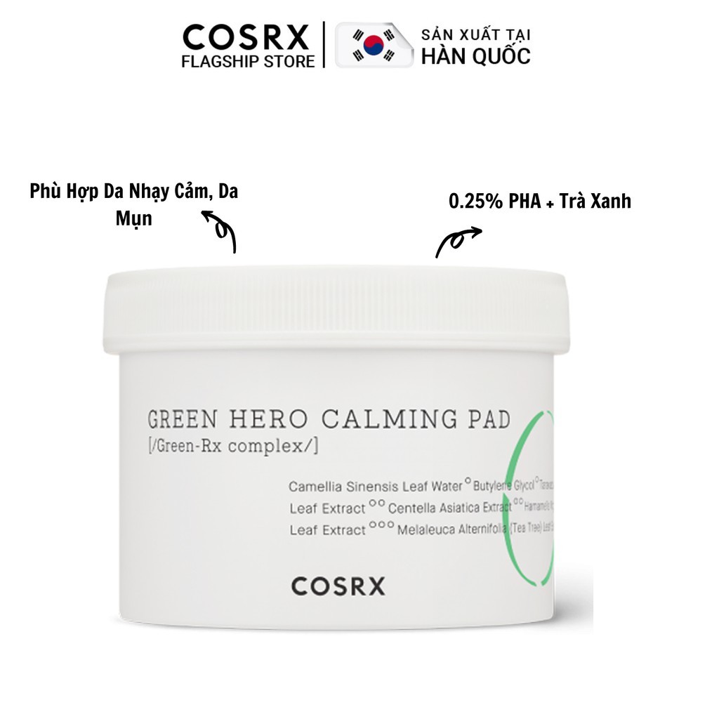 Bông Tẩy Tế Bào Chết Hoá Học Dưỡng Ẩm Và Dịu Da (0.25 % PHA, Trà Xanh) COSRX One Step Green Hero Calming Pad 70 Miếng