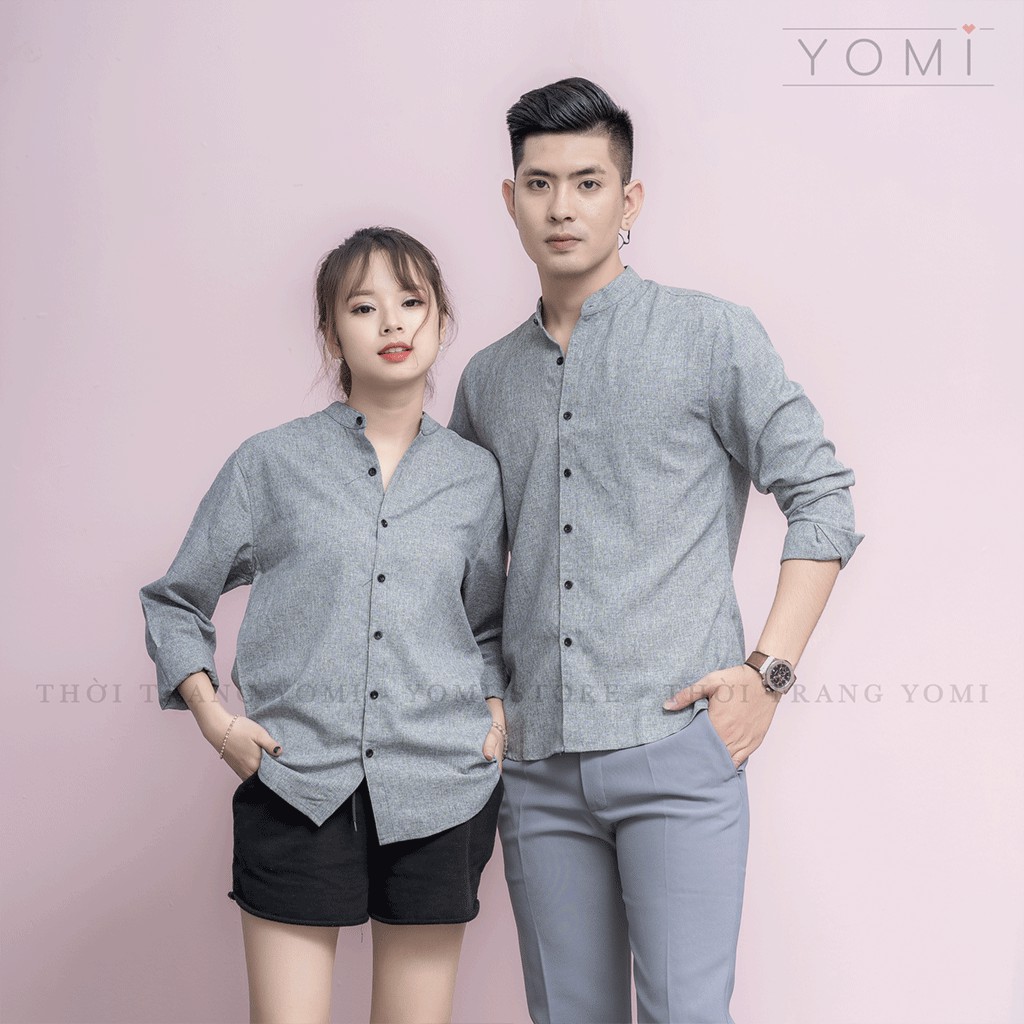 Áo sơmi đôi xám nhạt trơn vải đũi mát mịn thấm hút mồ hôi, áo sơmi cho các cặp đôi