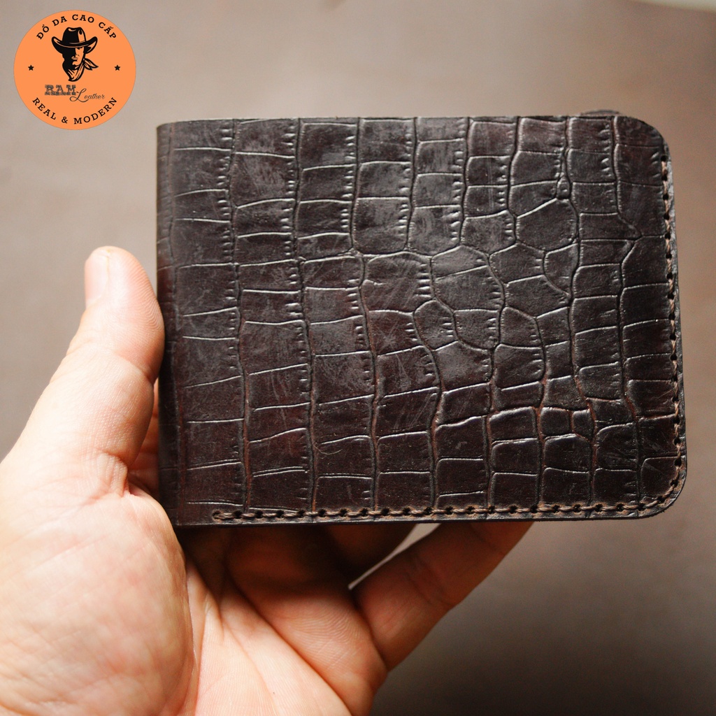 Ví nam Da Bò Ram Leather Simple Vân Cá Sấu Màu Nâu Đậm
