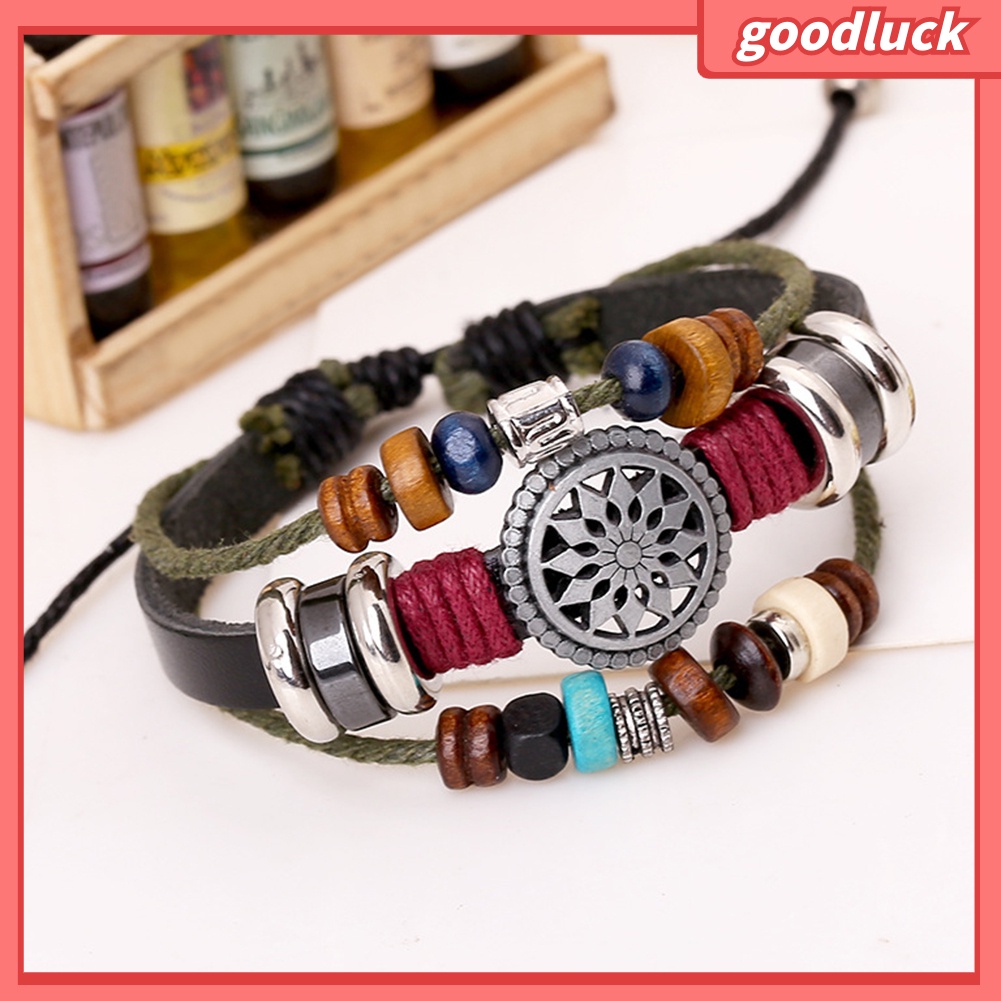 Vòng tay da bò nhân tạo đính hạt chuỗi gỗ có dây rút điều chỉnh kích cỡ cho nữ