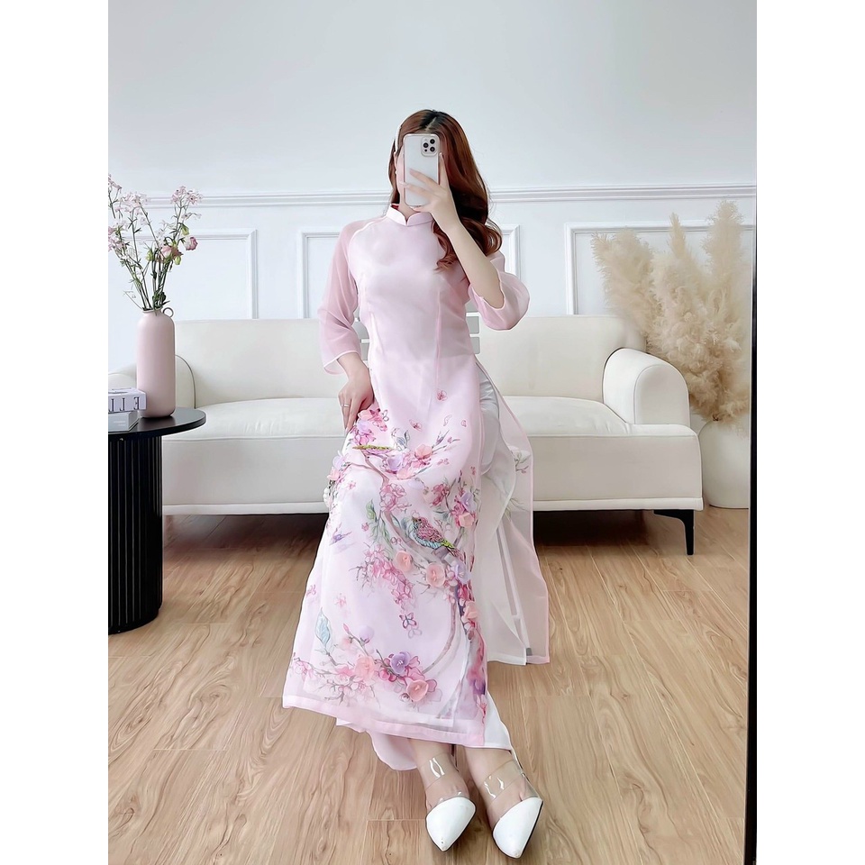 Áo dài cách tân nữ màu hồng nhạt in hoa dịu dàng - A16