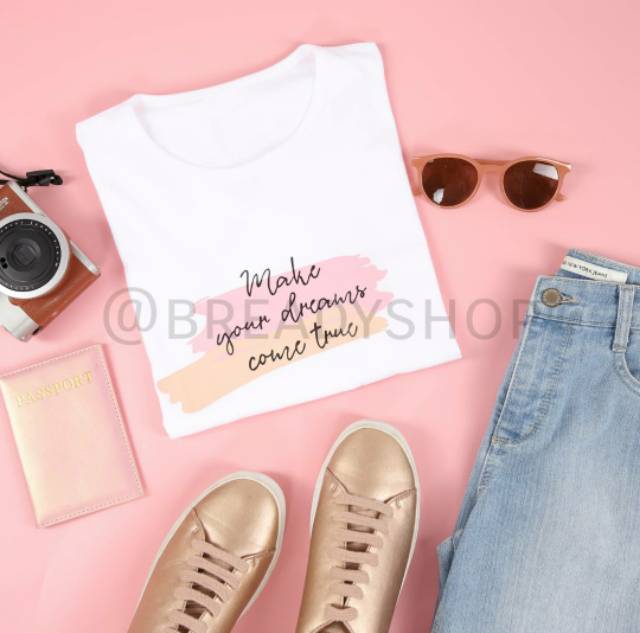 BERSHKA Áo thun ngắn tay in chữ Make YOUR DREAM TSHIRT | Áo thun nữ in chữ TUMBLR TEE DISNEY WHITE BABYPINK MUSTARD