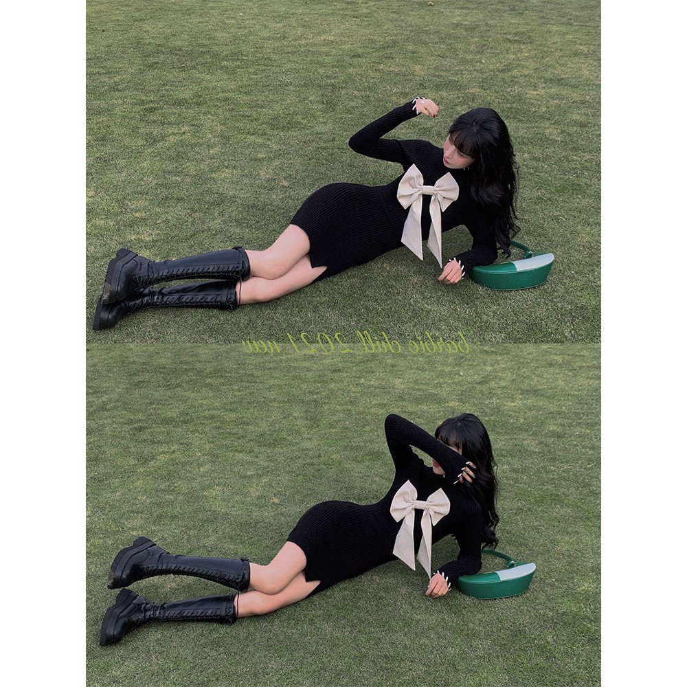 Áo len dáng rộng/ đầm dệt kim đính nơ kiểu Hàn Quốc dễ thương