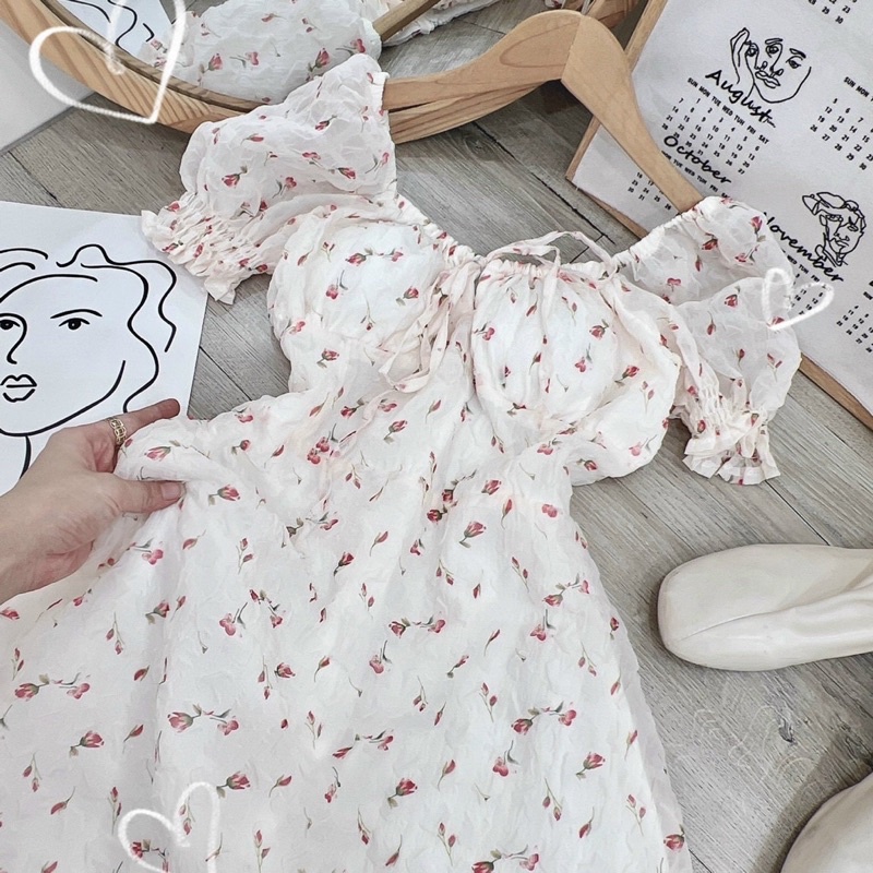 Váy Hoa Nhí Rút Ngực Xinh Xắn Tay Phồng