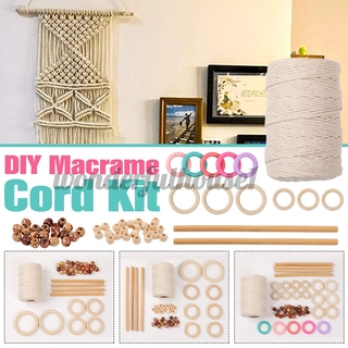 Bộ dây đan macrame tự nhiên kèm hạt gỗ và 6 vòng gỗ cùng gây gỗ dùng để làm đồ thủ công
