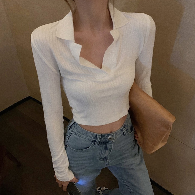 Áo Thun Lửng Tay Dài Cổ Polo Màu Sắc Đơn Giản Cho Nữ