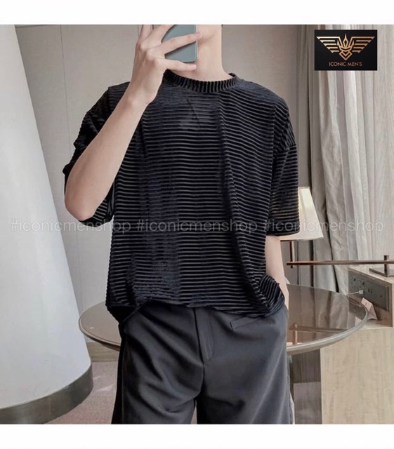 Áo thun nhung nam fom rộng sọc gân