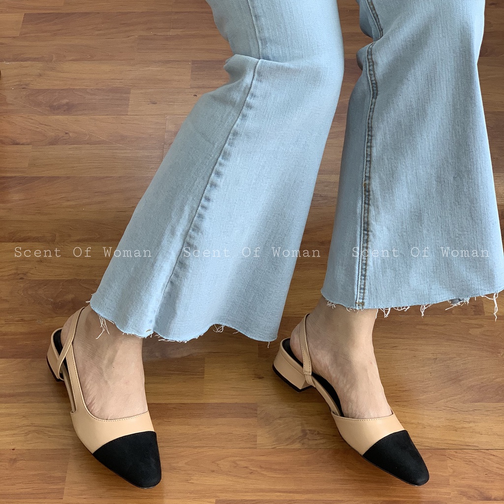 Giày nữ thấp gót dáng slingback thanh lịch mũi tròn gót vuông cao 2cm