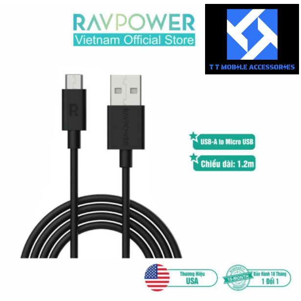 Dây Cáp Sạc RAVPower USB-A to Micro USB, RP-CB043, dài 1,2m, hàng RavPower VIETNAM, mới 100%, bảo hành 18 tháng 1 đổi 1