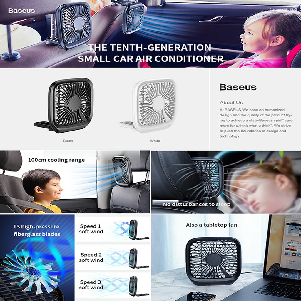 Quạt Làm Mát MINI Cao Cấp Không Ồn 3 Chế Độ Gắn Sau Ghế Ô Tô Xe Hơi Dùng Nguồn USB Baseus Foldable Backseat Fan