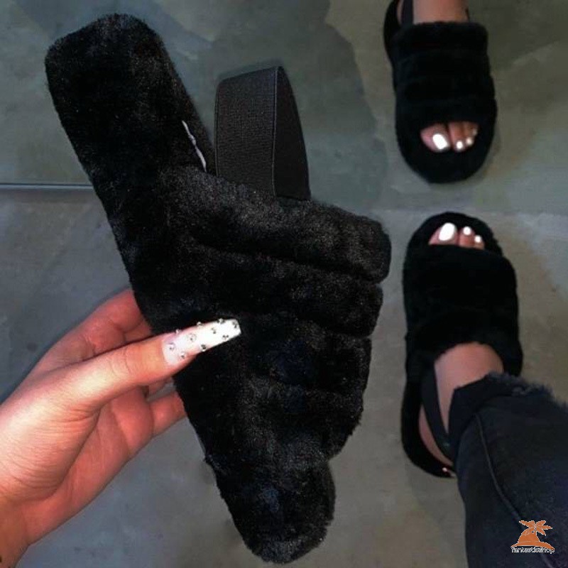 #dep Lê# Fluffy Slippers Plush Shoes Non-slip Sandals Home Indoor Plus Size Open Toe Summer Shoes