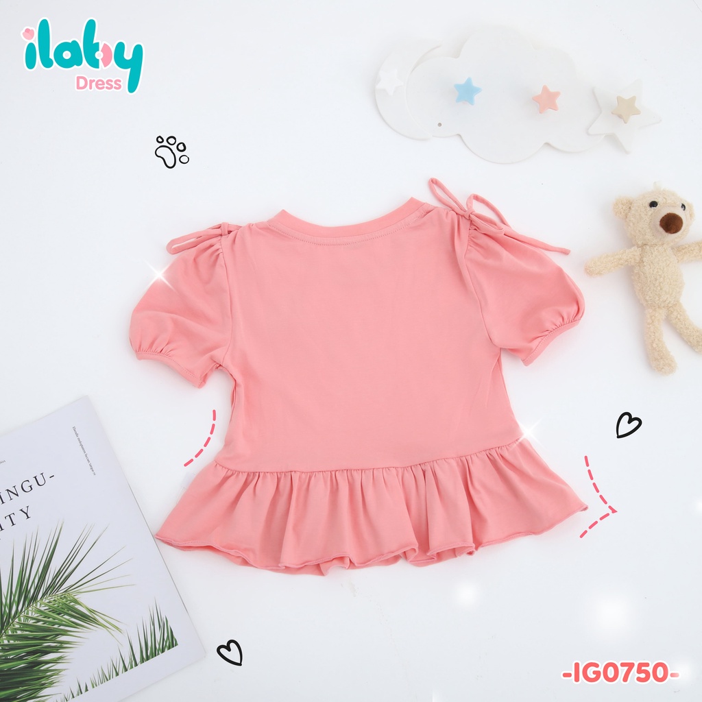 Áo cho bé gái ILABY đính nơ vai chất liệu thun cotton thoáng mát [20IG07500122]