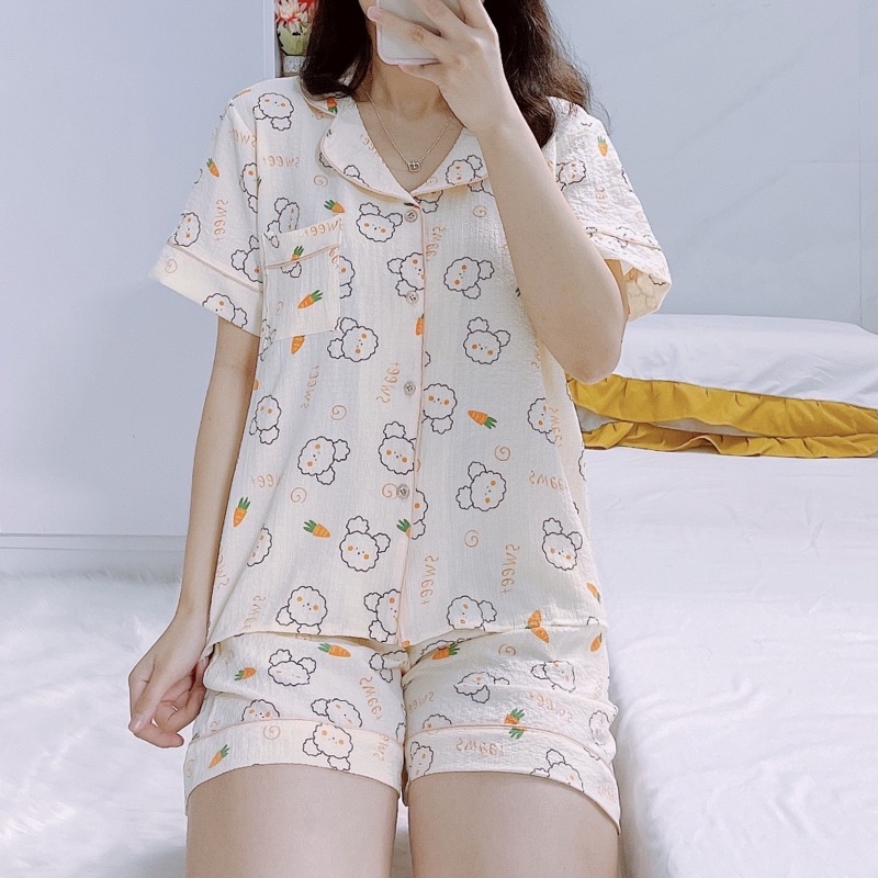 Bộ ngủ pijama vải đũi xốp,mềm mát hoạ tiết dễ thương